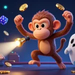 Experience thrilling slot gameplay featuring a mischievous monkey and a curious pup in a haunted casino scene.
