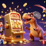 Engage with go88vn by spinning the jackpot reels as a pachycephalosaurus celebrates a big win.