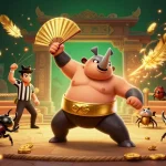 Experience the thrilling action at nh88 with a sumo beetle champion and cash flying around in an exciting casino setting.