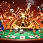 Experience gk88's thrilling casino atmosphere with a dynamic illustration of a steampunk spider and poker scene.