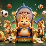 ONBET showcases a dynamic scene with a golden hamster king ruling over a casino-themed kingdom, featuring sports elements and celebrations.