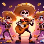 Engage with LINK DA88's thrilling casino scene, featuring a vivid mariachi band amidst dynamic gaming symbols.