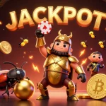 Engage in thrilling wins with KP88 as a victorious beetle celebrates a jackpot!