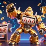 LU88 engages players with an electrifying 3D illustration of a golden gorilla mech inspiring winning strategies