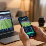 LUCK8 user engaging with live betting app in modern home setting