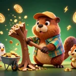 Engage in the winning experience at j188 with a dynamic illustration of a lumberjack beaver amidst gold coins and crypto elements.