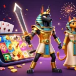 Spin the reels in mb66’s vibrant casino world featuring Anubis and Bastet amidst golden jackpots.