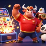Experience KP88's thrilling casino adventure with a cartoon bull, eagle, and panda among slot machines.