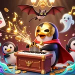Experience excitement at Trang web BJ888 as a penguin plays an organ, surrounded by casino-themed elements.