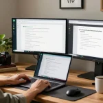 User interacting with WhatsApp電腦版 on a laptop in a modern home office, showcasing productivity tools and cozy workspace elements.