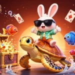 Open88 illustrates exciting underwater treasure adventures with a charming rabbit, perfect for casino gaming enthusiasts.