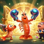 Engage in kèo bóng đá excitement with a vibrant 3D cartoon illustration of shrimp characters surrounded by treasure elements.