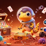 KQBD showcases a Martian gecko discovering a golden casino, surrounded by dynamic gaming elements.