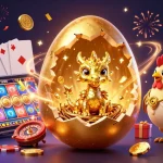 Engage with gg88 slots as a baby dragon emerges from a golden egg amidst poker chips and game elements.