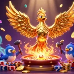 Experience thrilling gameplay with UK88 as the golden phoenix emerges, surrounded by casino riches.