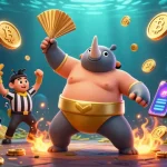 Betebet giriş provides a dynamic scene with a beetle sumo champion surrounded by glowing crypto elements.