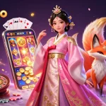 Engage with tỷ lệ kèo in an enchanting scene of a lady in hanbok with a lucky fox and vibrant casino elements.