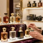 Een stijlvolle vrouw kiest een fles Arabisch parfum in een luxe winkel, omgeven door prachtige flacons.