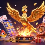 Engage with no hu's exciting 3D gaming scene featuring a golden phoenix and vibrant slot symbols.