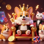 Experience the excitement of OKVND in this vibrant casino scene with corgis and crypto elements.