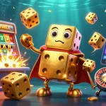 Kuwin showcases a vibrant casino scene with a dynamic golden dice character amidst exploding jackpots and casino symbols.