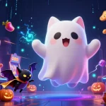 Experience the thrill of immersive slots at FIVE88 with a ghost cat and glowing casino elements.
