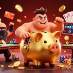 Experience thrilling action on Trang web Ug388 with a lively casino scene featuring a whimsical piggy bank sumo wrestler amidst poker elements.
