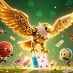 MMOO showcases a vibrant 3D scene with a golden eagle among casino-themed elements like playing cards and trophies.