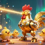 Experience thrilling gameplay with 98win's golden rooster robot and baby chick drones in action.