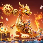 Experience the excitement of tg8822 with a golden dragon and exploding treasure in this vibrant scene.