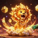 Bet on alo789vn with an exciting 3D illustration of a lion, dice, and peacock in a dynamic casino scene.