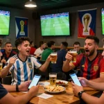 Fans enjoying kèo nhà cái while watching a World Cup match in a lively sports bar.
