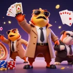 hubet showcases raptors in a trench coat attempting to enter a casino lounge, surrounded by vibrant casino elements
