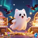 Experience slot gacor magic in a vibrant 3D illustration with a ghost cat and treasures.