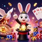 Winner Island entertains players with a vibrant casino scene featuring a magician rabbit, dove, and monkey.