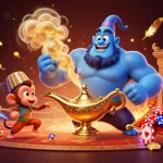 Engage with pg88's magical casino adventure featuring poker chips, gold coins, and a genie.
