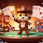 Engage with the sky88 experience, where an explorer cat finds casino treasures amidst dynamic gaming elements.