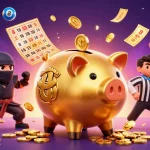 Catch the excitement at five88 as a golden piggy bank sumo wrestler shakes coins amidst vibrant lottery elements.
