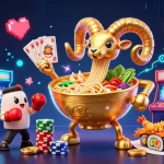 Sunwin features a giant golden ramen bowl character stacking chips and dealing cards with colorful casino elements.