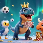 Join the fun with keonhacai 55 as a friendly T-Rex shuffles cards while dynamic sports elements surround!