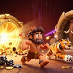 RED88 showcases a vibrant casino scene with a caveman and sabertooth tiger duo in a prehistoric gambling environment.