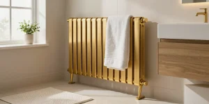 Stijlvolle gouden handdoekradiator in moderne badkamer met zachte verlichting en decoratieve handdoeken.