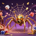 Experience excitement with RSBET's vibrant steampunk casino scene filled with golden spider webs, coins, and lucky dice.
