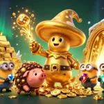33WIN presents an enchanting scene with a golden wizard and treasures, showcasing a vibrant online casino experience.