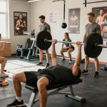 Actieve fitness gemeenschap in moderne sportschool met Prime Pharma Steroiden Winkel productgebruik en energieke sfeer.