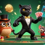 Join the excitement with f8bet as the panther dealers cards at a dynamic gambling scene, surrounded by Bitcoin and sports elements.