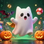 Bet88 features a ghost cat and bat companion exploring a haunted casino, engaging players in vibrant gaming.