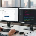 Download WPS Office page displayed on a dual-screen setup in a modern software developer's workspace, showcasing productivity.