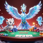 Engage with 8xbet's dynamic poker scene featuring an ice phoenix, snow leopard cub, and vibrant gaming elements.