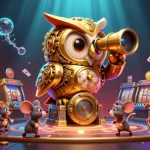 Hitclub brings excitement to players with a dynamic illustration of casino action, featuring a golden owl, vibrant slot machines, and treasure elements.